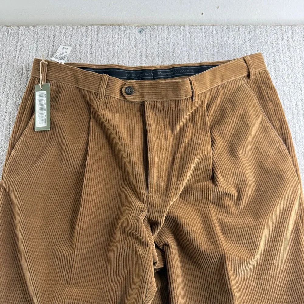 Ermenegildo Zegna Corduroy Pleated Trousers Mens Size 42 Brown Raw Hem